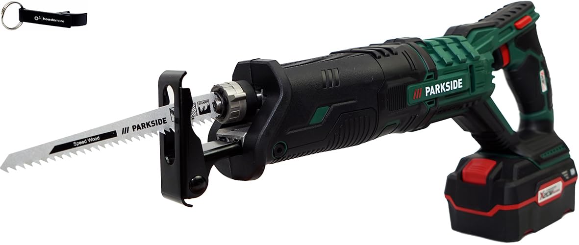 HEADNMORE Bundle Parkside PSSA 20-Li - Sierra sable con batería de 20 V (incluye batería de 4 Ah, incluye llavero HEADNMORE)