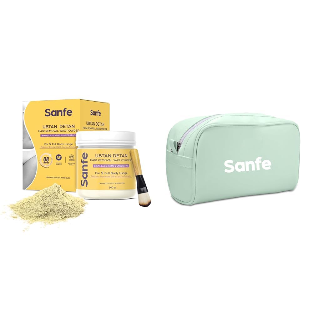 Sanfe Ubtan Detan Hair Removal Wax Powder 8 Minute Painless Organic Bikini Legs Arms Underarms 100gm Travel Pouch Kits Essentials Bag for Men and Women Organiser Make Up Green (Color- Green)-image-36