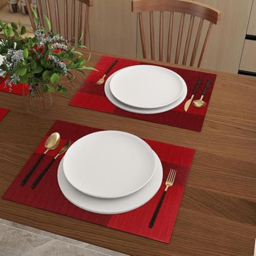 Image of Potency Table Mats Set of 4, Woven Placemate for Dining Table, Heat-Resistant Placemats Stain Resistant Anti-Skid Washable PVC Table Mats, Vinyl Placemats for Dining Kitchen Restaurant Table (L-Red)