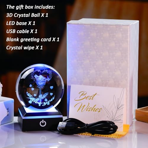 Image of 3D Crystal Ball Glass Rose Flowers Gifts for Wife Mom Home Decor Snow Globe Ornament with LED Base Night Light, Etched Heart & Rose Figurines I Love You Anniversary Romantic Gift for Women