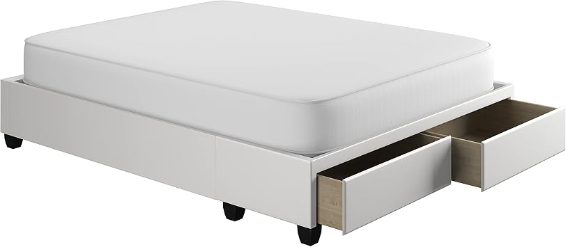Boyd Sleep Parma Platform Bed with Two Storage Drawers Modern Design: Space Saving Storage No Box Spring Needed, Faux Leather, White, Queen