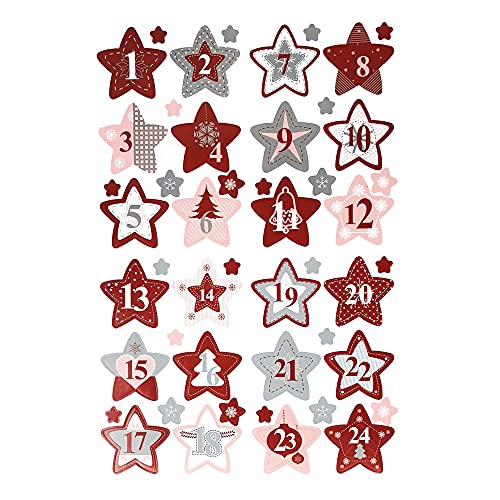 Oblique-Unique® Adventskalender Sticker Zahlen 1–24 – Weihnachtsaufkleber rund 5 cm – Aufkleber für Weihnachten zum Basteln, Verzieren & Dekorieren – für DIY Adventskalender - Stern - Rot