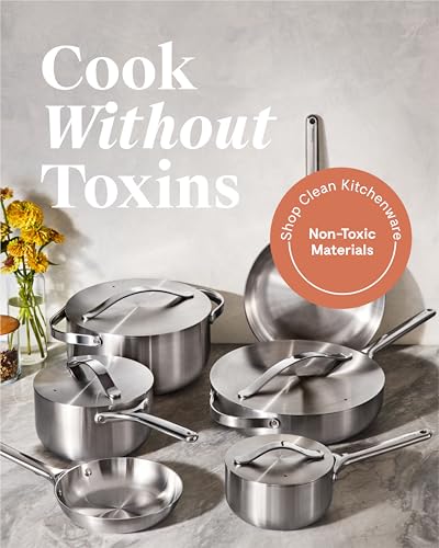 Image of Caraway Stainless Steel Deluxe Cookware Set (16 Piece) - 5-Ply Stainless Steel Pots, Frying Pans, Lids and Kitchen Storage - Non Toxic, PTFE & PFOA Free