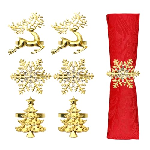 Christmas Napkin Rings,6 Pcs Christmas Tree Snowflake Reindeer Gold Napkin Rings Holder Napkin Buckle Serviette Rings for Thanksgiving Wedding Party Dinner Table Decoration (Elk&Snowflake&Xmas Tree)