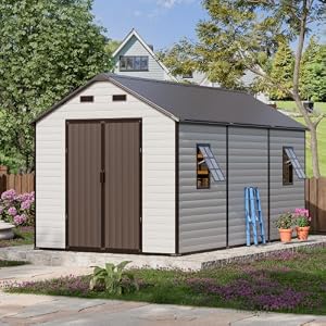 8×14 FT Extra-Deep Resin Storage Building with Floor, 16mm Thick Panels & 21-Gauge Steel Structure, Long Garden Shed with 2 Windows for Kayaks, Ladders,Bulk Equipment