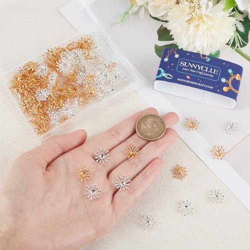 SUNNYCLUE 1 Box 200Pcs Bead End Caps Flower Stamen Filigree Beads End Caps 3D Golden Silver Brass Flower Spacer End Cap Metal Multi-Petal Bead Caps for jewellery Making DIY Earrings Necklace Supplies - Image 3