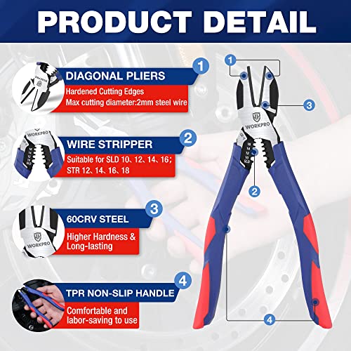 Workpro 7.5 Inch Diagonal Cutting Pliers With Wire Stripper, Crv Steel Wire Cutters With Comfort Grip Handles, Heavy Duty Side-Cutting Pliers For Electricians And Homes #TOP1