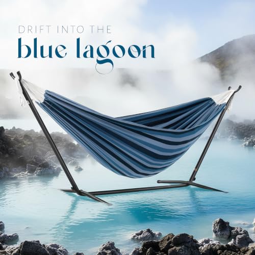 Image of Vivere Double Cotton Hammock, Space Saving Steel Stand, Blue Lagoon, 9 Ft