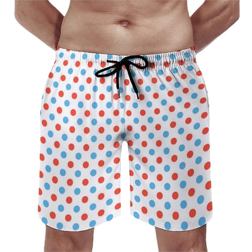 Hawaiian Shorts for Men - Comfy Red Blue Polka Dots Print Mens Swim Trunks Bathing Suits with Mesh Lining