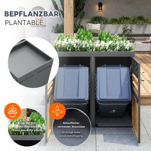 Merax Mülltonnenbox 4er Set mit Pflanzdach, für 120-240 Liter, Anthrazit Tür in Holzoptik, Erweiterbar, Garten Aufbewahrungsbox für Mülltonnen