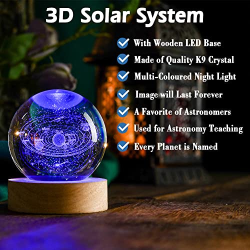 Image of IFOLAINA 3D Solar System Crystal Ball Laser Engraved Glass Sphere Home Decor with Wooden Light Base | EngravDecorative Solar System Globe Model Astronomy Decor Gift for Boys Girls Physics Enthusiasts Space Model Collectors