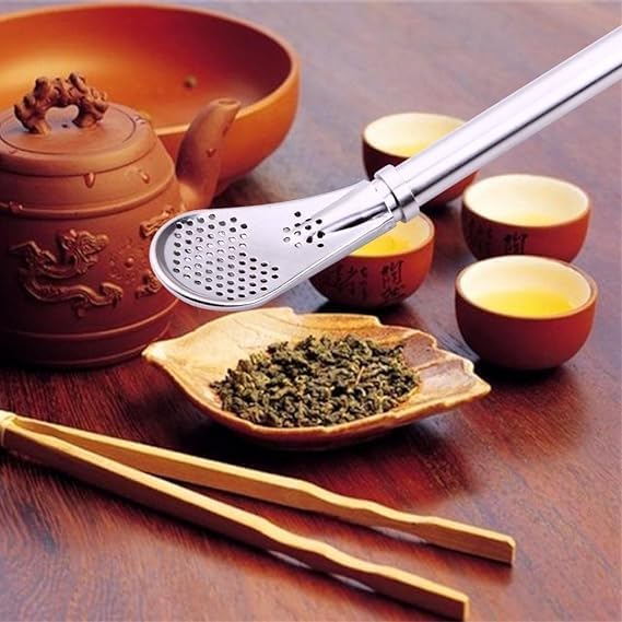 RIDHMIN Drinking Straws(Pack of 1) 1 pcs with Filter Spoon, Stainless Steel Reusable, Leaf Tea Coffee Stirrer Stick, Cocktail Strainer Pipe Stirring Spoon Straws, Filter Spoon(Pack of 1)