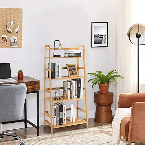 Giantex Ladder Shelf, 4 Tier Bamboo Ladder Bookshelf, 48’’ Tall Freestanding Bookcase Storage Rack Plant Stand For Living Room, Balcony, Office, Bedroom, Farmhouse Wooden Ladder Bookshelf, Natural #TOP1