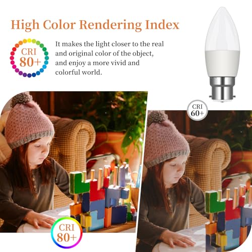 B22 Bayonet Light Bulbs, 5W (40W Equivalent) LED Candle Light Bulbs Bayonet, 2700K Warm White Energy Saving Candle Bulbs, 450LM Type B Candle Bulbs Small Bayonet for Ceiling Fan, Non-Dimmable, 6PCS - Image 2