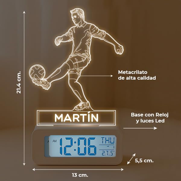 Transparent Gift Reloj Despertador Infantil Personalizado con Luz. Diseño Jugador Fútbol con Nombre Niño/Niña. Lámpara Nocturna Mesita Noche. Regalos Originales Personalizados Cumpleaños Niños