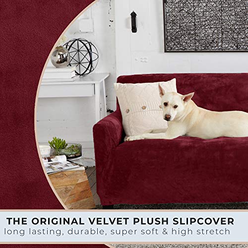 Velvet Plush Stretch Sofa Slipcover. Velvet Sofa Couch Furniture Protector, Soft Anti-Slip, High Stretch For 3 Seat Sofa. (Sofa- 3 Seater, Zinfandel Red) #TOP3