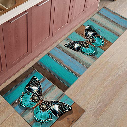 Turquoise Kitchen Mats For Floor Cushioned Anti Fatigue 2 Piece Set Kitchen Runner Rugs Non Skid Washable Wooden Plank Butterfly #TOP2