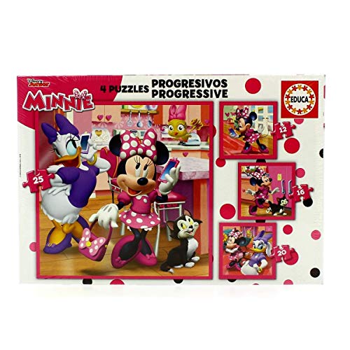 Educa - Minnie Ajudantes felizes. Conjunto de 4 puzzles progressivos com 12, 16, 20 e 25 peças. Recomendado a partir de 3 anos para que se atreva com diferentes níveis de dificuldade (17630)