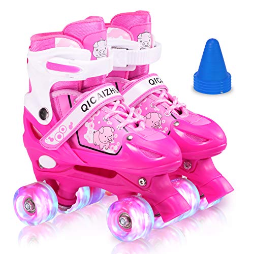 ERNAN Roller Skates,4 Size Adjustable Toddler Roller Skates with Light up Wheels for for Kids Girls & Boys(Pink)