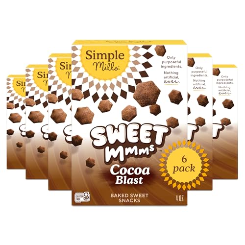Image of Simple Mills Cocoa Blast Sweet Mmms Baked Sweet Snacks, 6 Pack, Bite-Sized Gluten Free Snacks Dusted with Cocoa Powder, Sweetened with Coconut Sugar, Light and Airy Crispy Texture, 4 oz