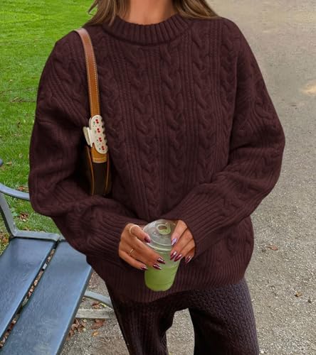 Okiwam Women's Oversized Sweaters Crewneck Cable Knit Pullover Casual Loose Fall Outfits Fashion Clothes 2025