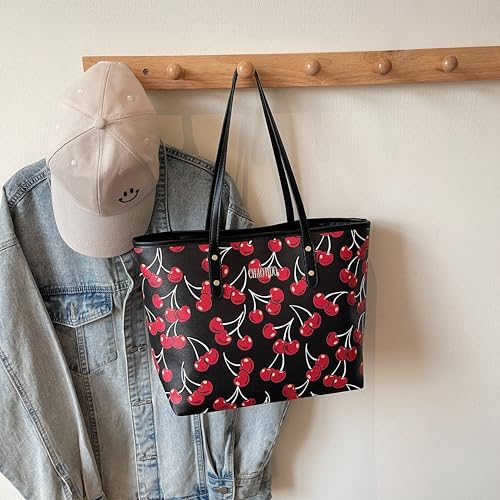 Image of hibear Cherry Print Tote Bag for Women Bow Shoulder Handbag Trendy Faux Leather Top-Handle Bag with Cherry Accessories