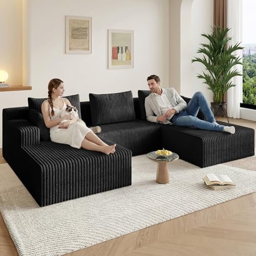 Image of 107 inch W Cloud Sectional Couch,Modern U-Shaped Cloud Couch with Deep Seat,Comfy Corduroy Sofa,Memory Foam Sofa for Living Room,No Assembly (Jet Black,Right-Facing Chaise)