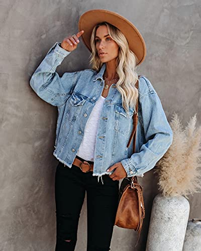 Women's Jean Denim Jacket Classic Trucker Shacket Button Up Frayed Cropped Loose Coats4