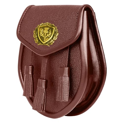 Image of DSS KILTS Scottish Original Leather Sporran with Leather Belt & Chain (Brown Leather Attique Thistle Badge Sporran)