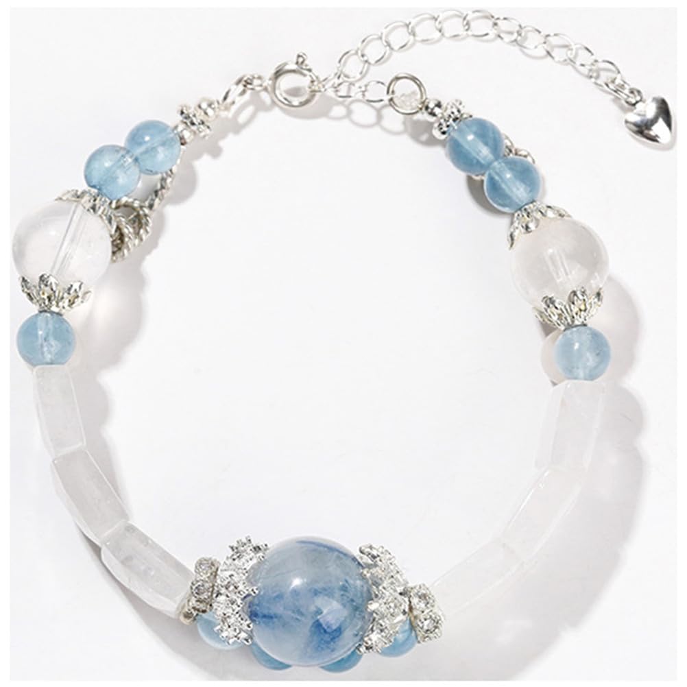 Bracciale con Acquamarina Naturale e Quarzo Trasparente con Ciondolo in Lega – Gioielli con Perline in Cristallo Azzurro e Pietre preziose Bianche per Una Comunicazione Calma