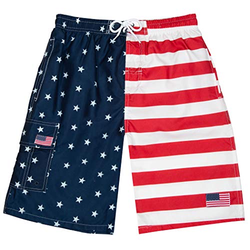 Men's American Flag Swim Trunk - Mens USA Microfiber Swimwear - Quick Dry Board Shorts with Cargo Pockets