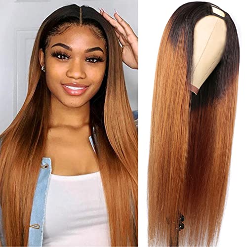 Colorful Bird Straight U Part Human Hair Wig for Black Women Ombre  10A Brazilian Remy Virgin Hair U Part Clip in Half Wig with Straps and Combs (1b/30, 16 inch)