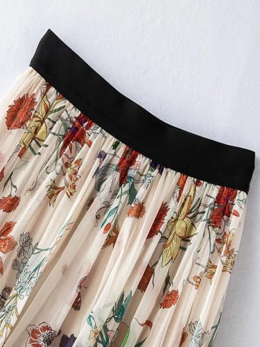 Women Silk Tulle Printed Skirts Summer Slim Thin Elastic Waist Floral Skirt Casual Midi A-Line Skirt2