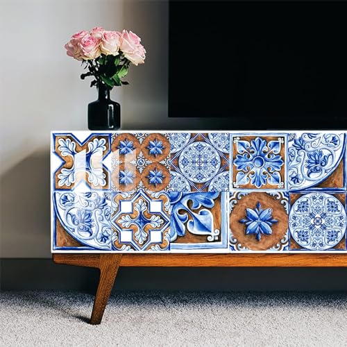 Papel pintado autoadhesivo azul y marrón de 15x15 cm para renovar azulejos de cocina 3