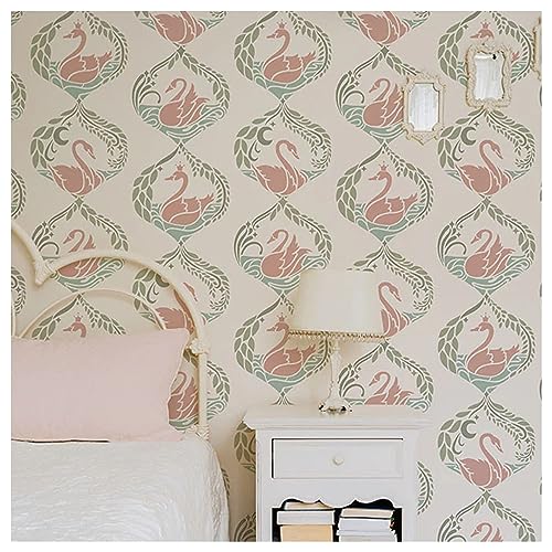 Image of Kayra Decor Swan Allover Kids Room Wall Stencil -Pack of 1, Sheet Size 24 x 36 inch /Design Size 22.5 x 32 inch.