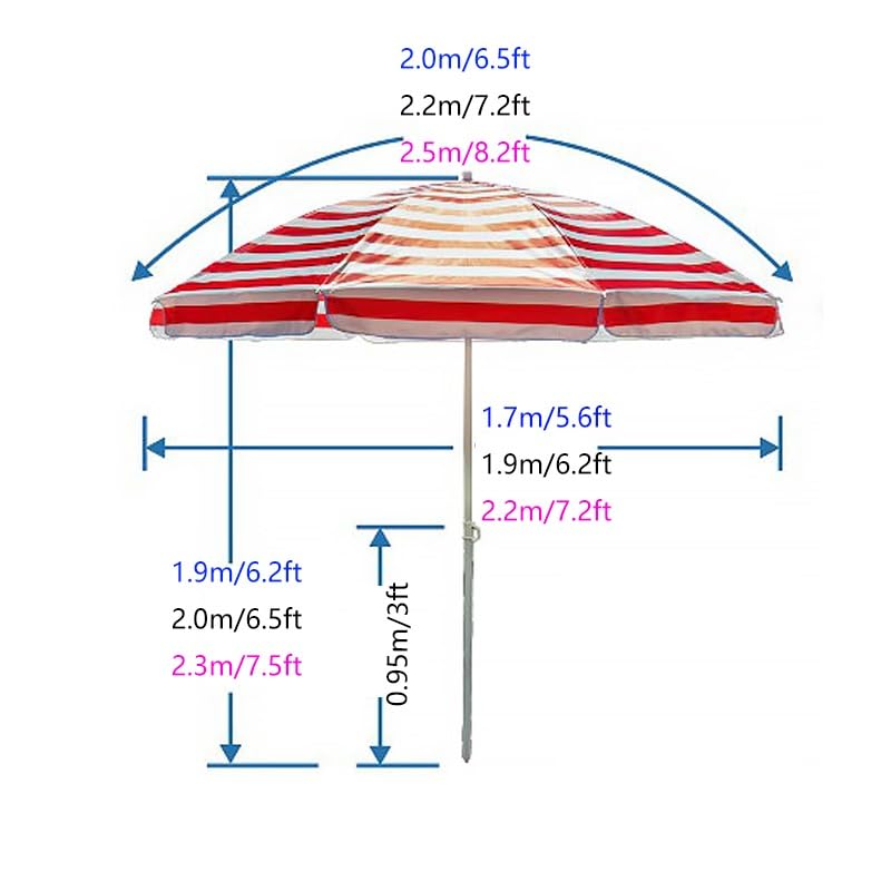 6,5 m, 7,2 m, parasol plażowy – lekki parasol tarasowy z 8 wytrzymałymi podpórkami, ochrona przed promieniowaniem UV, stylowe paski, idealny na piknik, do ogrodu i jako ochrona przed słońcem