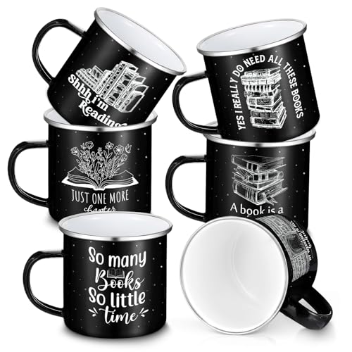 Set de 6 Mugs Esmaltados para Amantes de Libros 12oz Negro