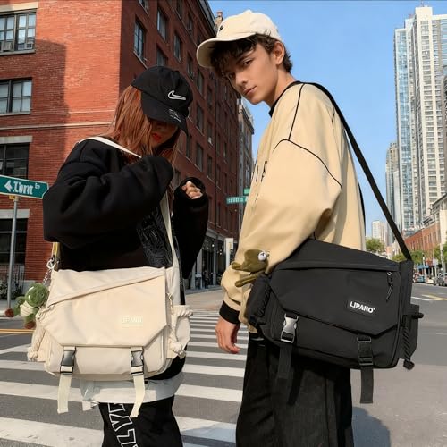 Image of Aesthetic Crossbody Bag with Cute Pins and Ornament, Nylon Shoulder Messenger Bag Japanese Kawaii Bag for Women Men