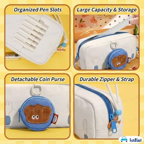 Image of FunBlast Pencil Pouch for Girls - Cartoon Pouch with Hanging Strap & Coin Pouch, Multipurpose Zipper Case, Aesthetic Pouches for Girl, Kawaii Pencil Case, Cute Pouches for Girls (White)