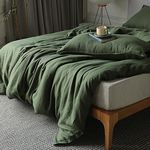 Image of XZ XIFA 100% Washed French Flax Linen Duvet Cover Set - 3 Pieces, Cooling & Textured Farmhouse Bedding for Hot Sleepers, with Zipper Closure (Green, Full)