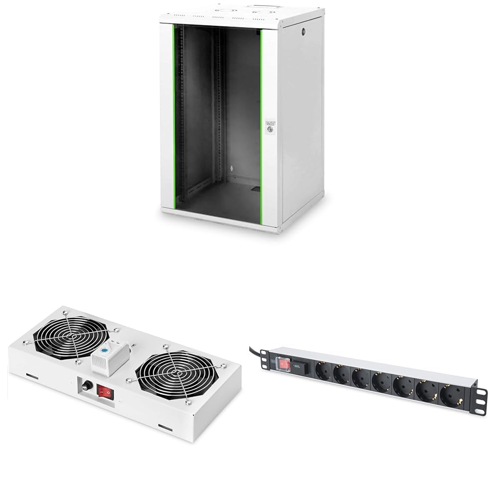 DIGITUS Set: Armadio di rete 19" 20U + ventilatore a soffitto + ciabatta 7 porte // rack 19" - montaggio a parete - profondità 600mm - carico 100kg - profondità utile 305-450 mm - Grigio