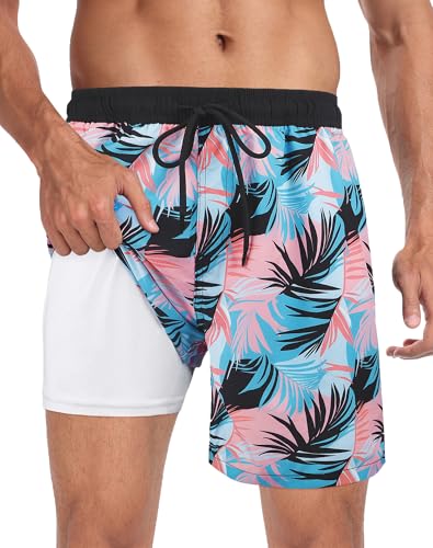 Image of Mens Swim Trunks with Compression Liner 2 in 1 Quick Dry Swimming Shorts Swimwear Bathing Suits with Pockets