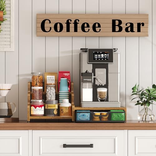 Image of Coffee Station Organizer with K Cup Holder, 28 Pod Capacity,3-Tier Syrup Rack with Coffee Pod Holder Drawer, Coffee Bar organizer Countertop for Accessories,Rustic Brown
