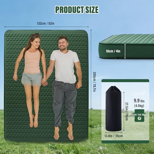Image of Double Self Inflating Sleeping Pad with Electric Pump - 4 inch Ultra-Thick Memory Foam Camping Mattress for 2 Person, Portable Outdoor Air Camp Mat Gear for Tent Car Truck Travel Hiking (Green)