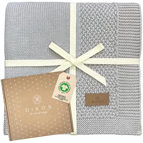 DIKOS® Babydecke aus *100%* GOTS Bio Baumwolle grau | Sommerdecke Neugeborenen Baby Decke | Strickdecke mit Bordüre Mädchen/Junge | nachhaltige Kuscheldecke Baumwolldecke | Geschenk zur Geburt Cover
