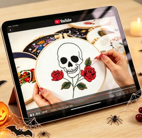 Image of Skull Rose Embroidery Kits for Beginners Adults, Halloween Goth Embroidery Sets Needlepoint Kits, Halloween Stamped Cross Stitch Kits for Beginners Adults, 3 Embroidery Hoops (Attached Video Tutorial)