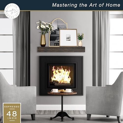 Image of MCS 48-Inch Mantel, Master & Co Espresso Finish Solid Wood Floating Fireplace Mantel, Long Floating Shelf for Livingroom with Wood Cleat Hanging System, Photo and Home Decor Display Shelf