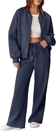 Aleumdr Womens 2 Piece Outfits Oversized Fleece Sweatsuit Zip Up Long Sleeve Sweatshirt with Wide Leg Sweatpants