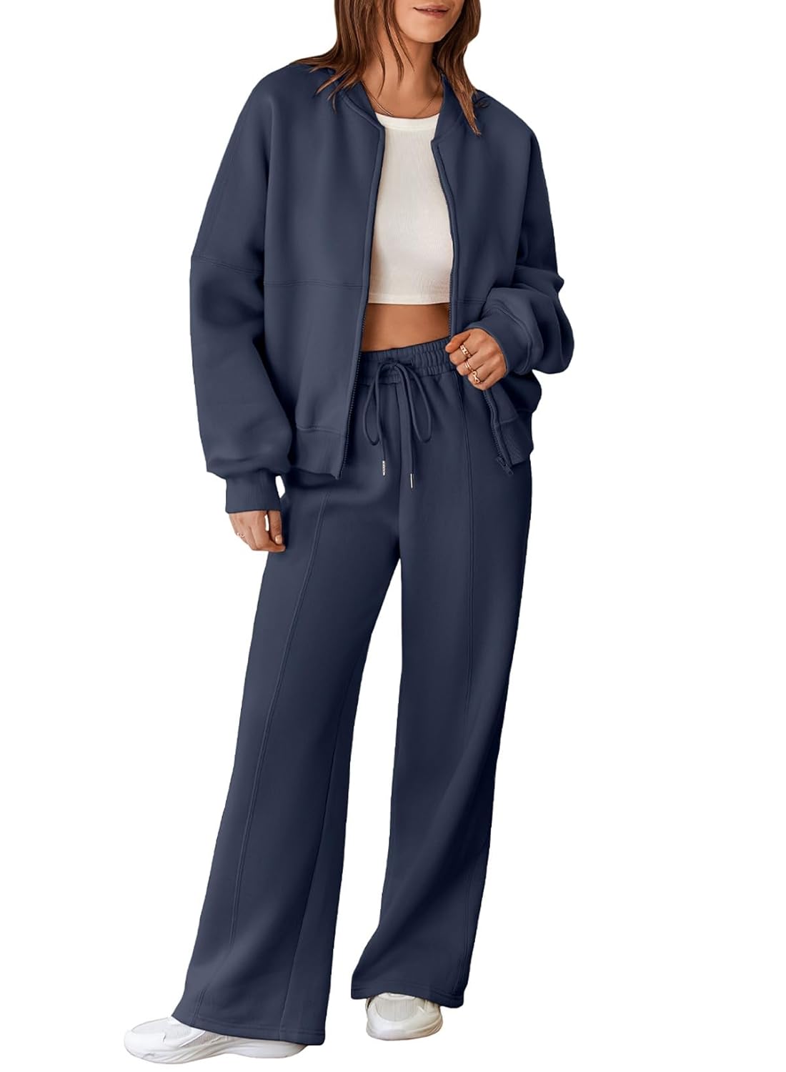 Aleumdr Womens 2 Piece Outfits Oversized Fleece Sweatsuit Zip Up Long Sleeve Sweatshirt with Wide Leg Sweatpants