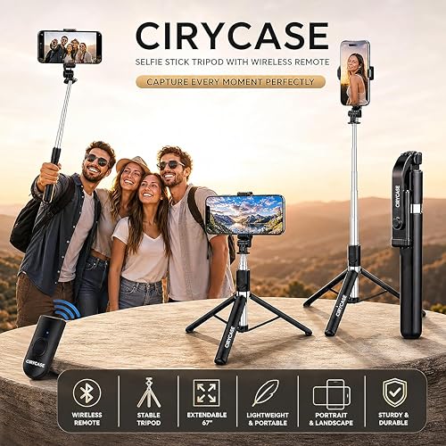 Image of CIRYCASE Selfie Stick Tripod, 67 inch /170CM Reinforced Tripod for Mobile Phone, Multi-Functional Bluetooth Long Selfie Stick for Travel, Vlogging, Compatible with iPhone and All Smartphones